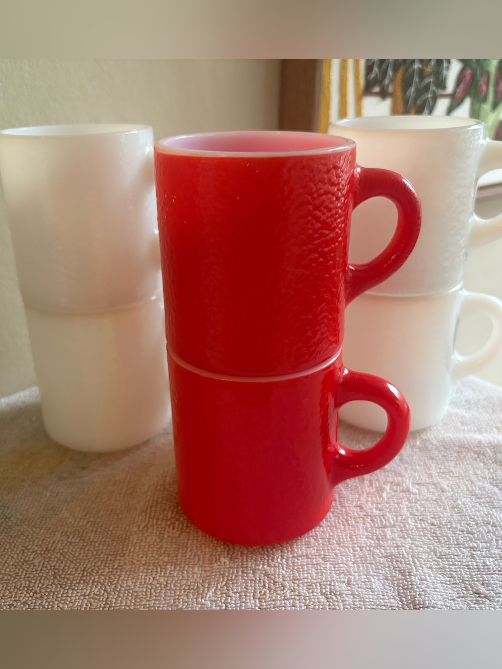 Vintage Hazel Atlas Milk Glass Mugs Citrus Orange Peel Texture (Set of 6)